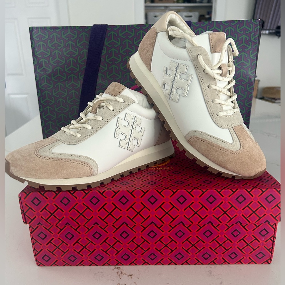 Tory Burch White and Tan Retro Sneakers